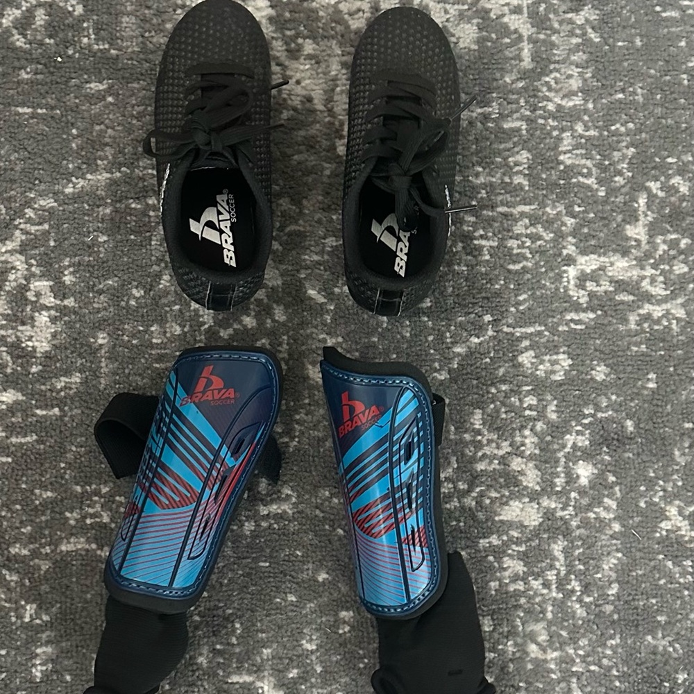 Kids Black Soccer Shoes and Blue Shin Guards Set